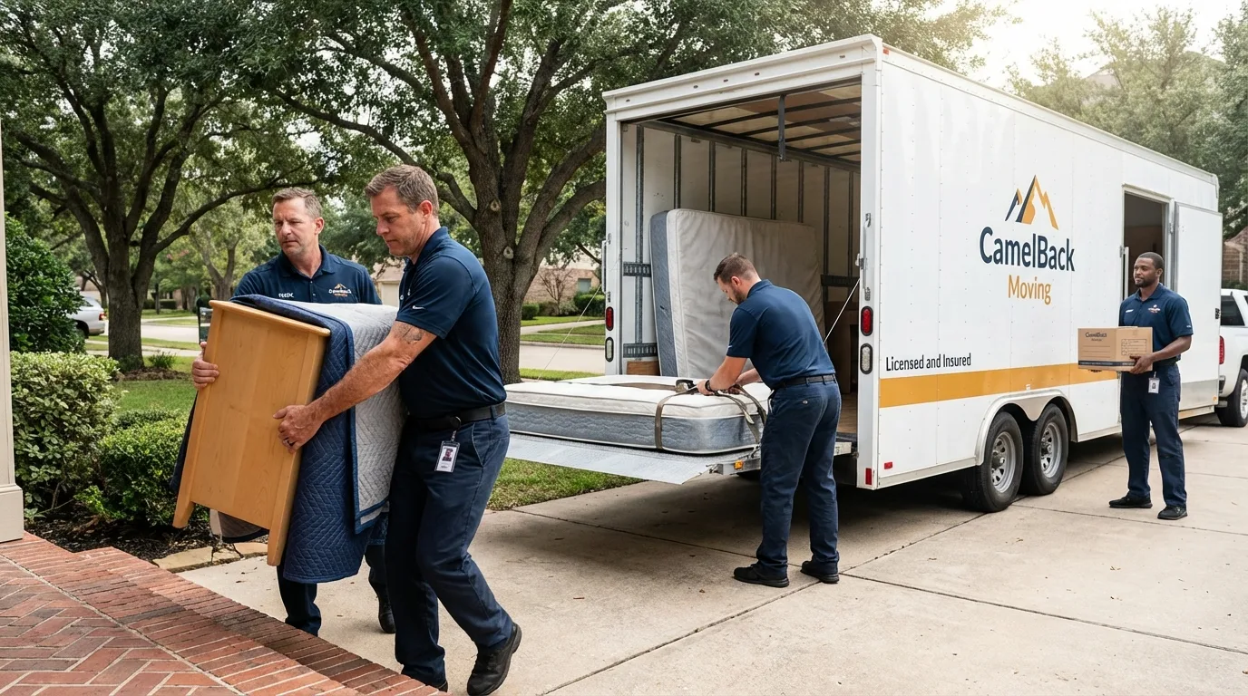 Crew loading residential truck for cross-state move from Krum, TX