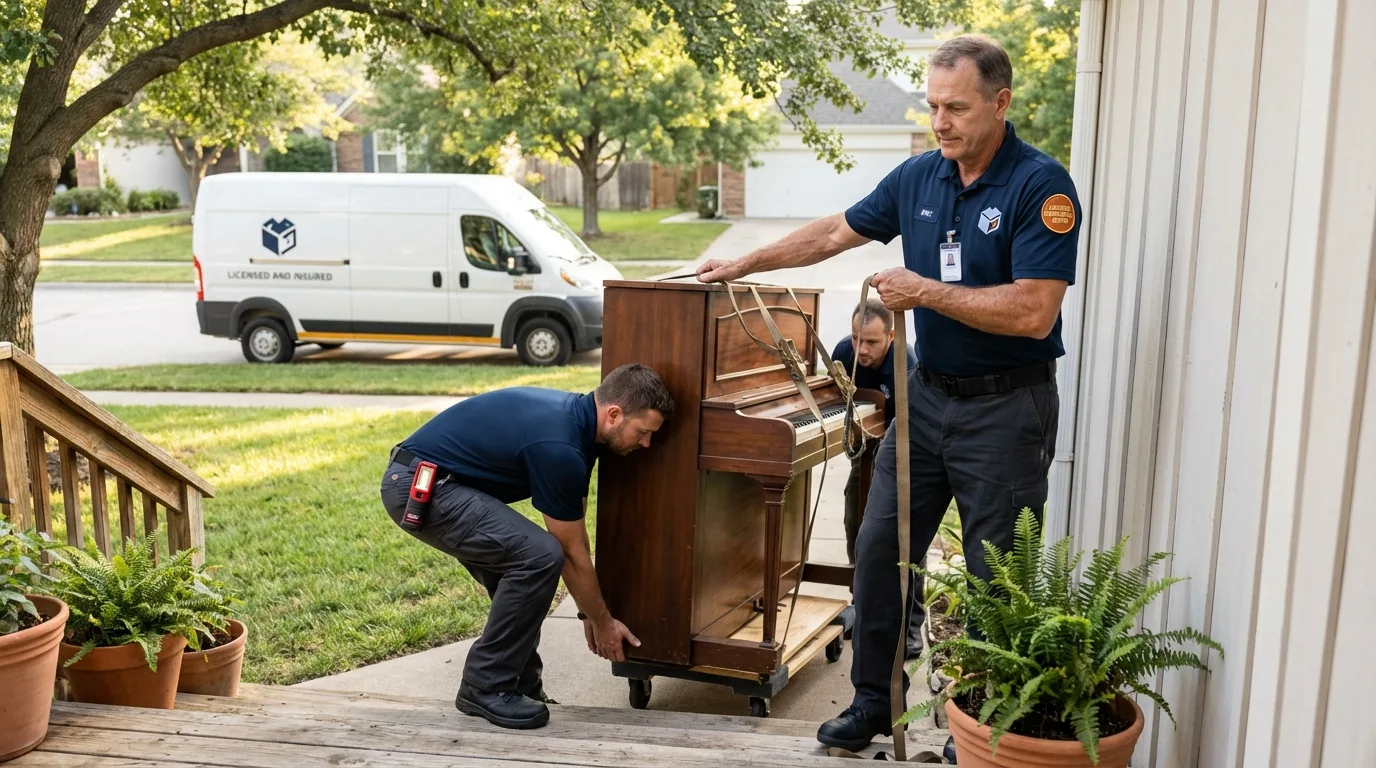 Licensed piano movers securing grand piano in Krum, TX