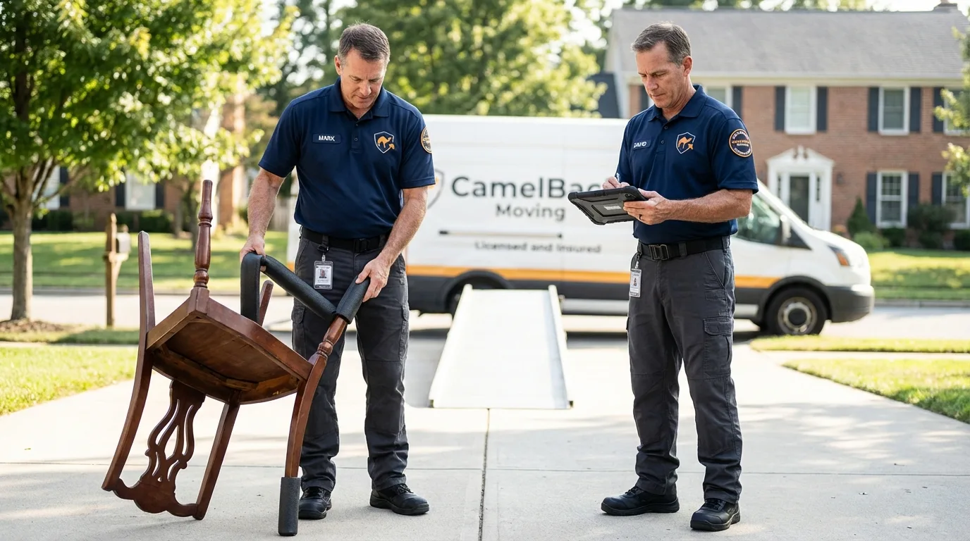 Movers inspecting furniture for damage prevention before loading in Krum, TX