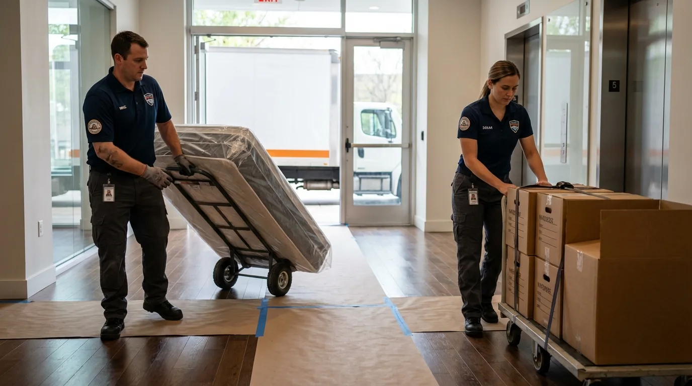 Professional apartment movers loading elevator in Krum, TX